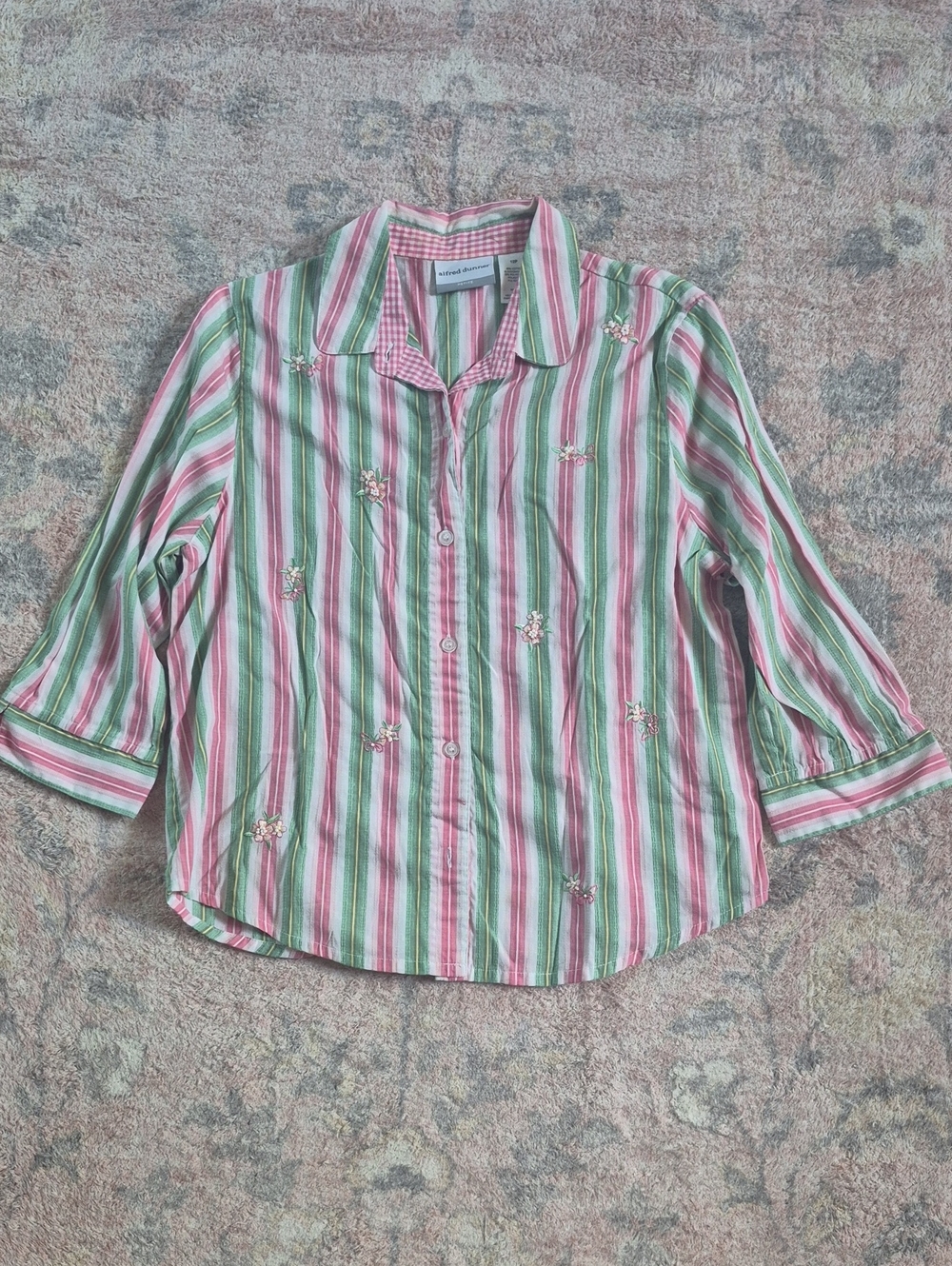 Alfred Dunner Pink, Green & White Striped Button-Up Shirt